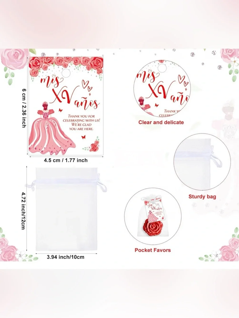 40 Quinceanera Party Favors for Guests Rose Compact Mirrors, Red